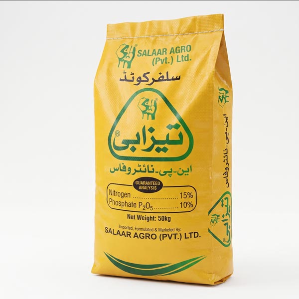 Tezabi Sulphur Coated Nitrophos NP fertilizer 50kg yellow bag by KISANWORLD Marketing Lahore