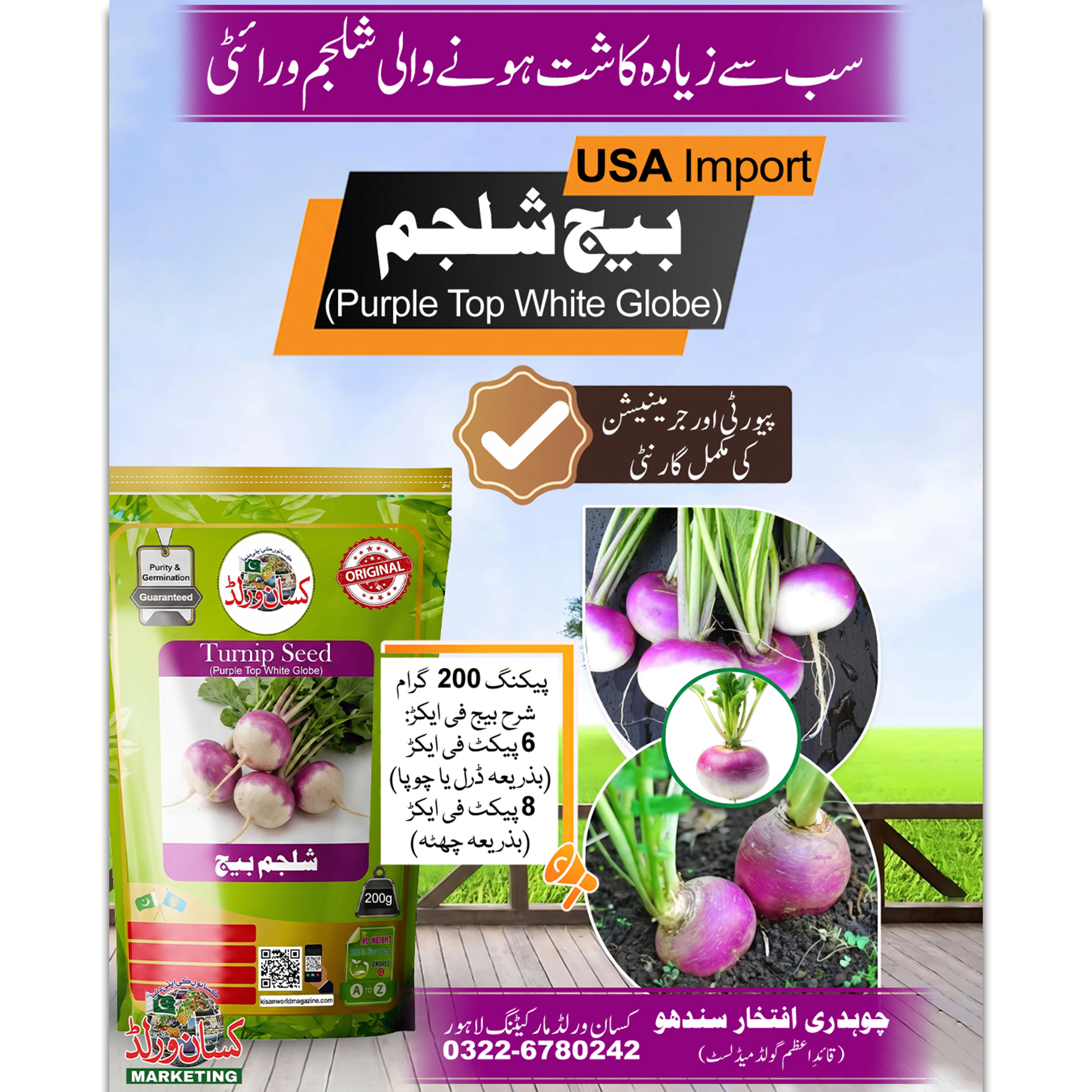 Purple Top White Globe Turnip Seed 200g USA Import by Kisan World - Shalgam Beej