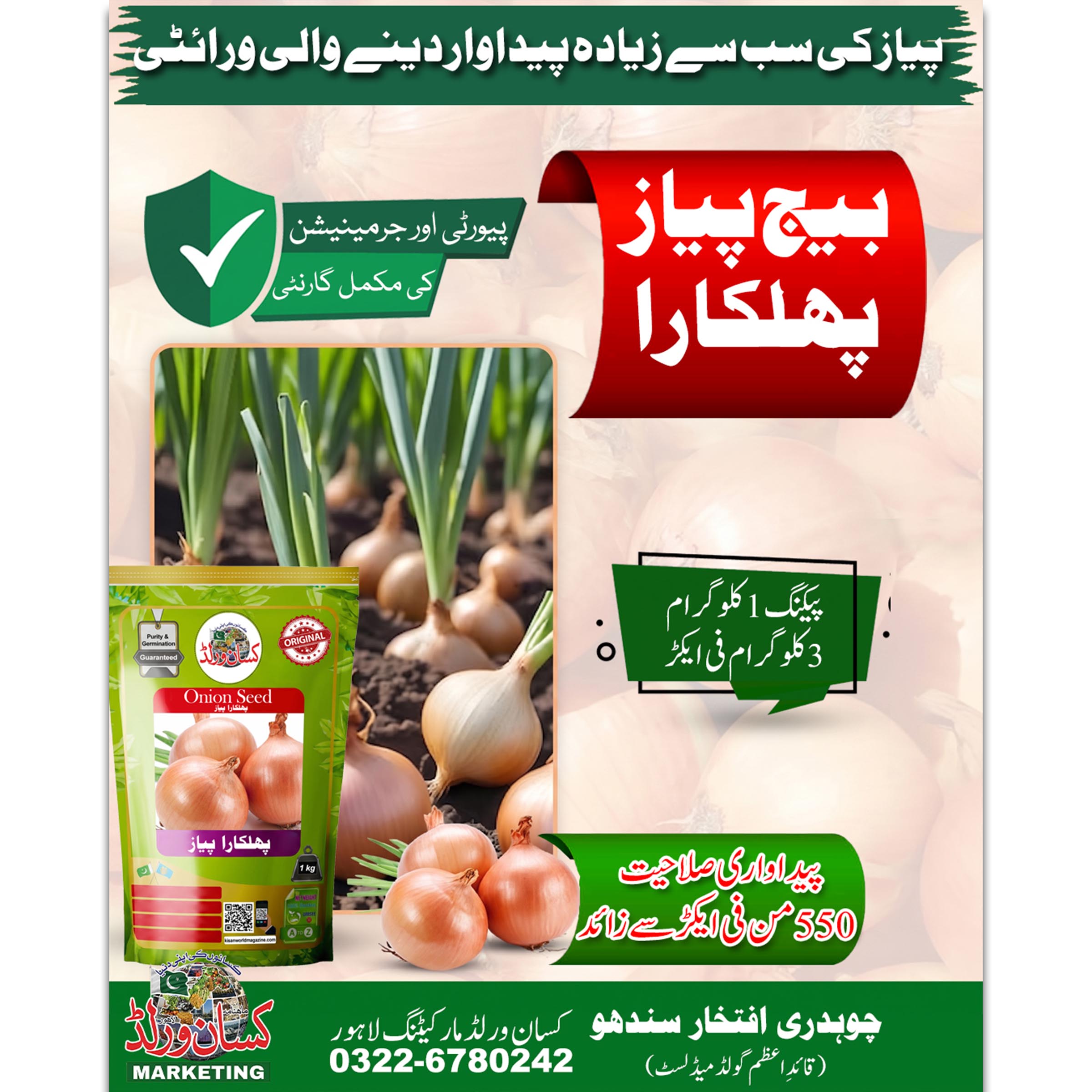 Phulkara Onion Seed 1kg Pack by Kisan World - 550 Maunds Yield