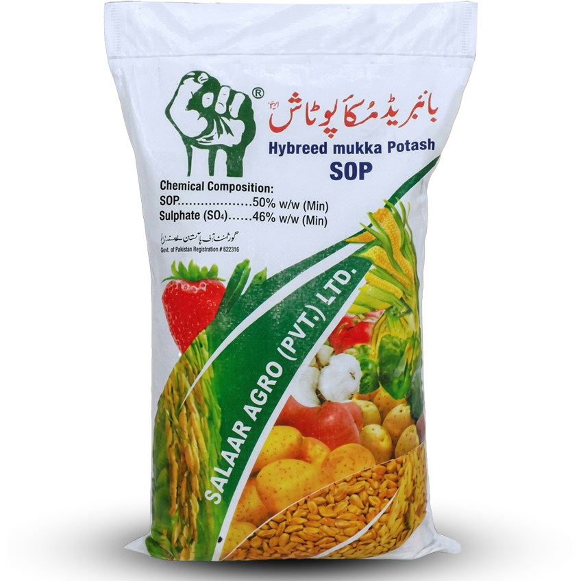 Hybreed Mukka Potash SOP 25kg fertilizer bag by KISANWORLD Marketing – sulphate of potash for corn, wheat and cotton in Pakistan
