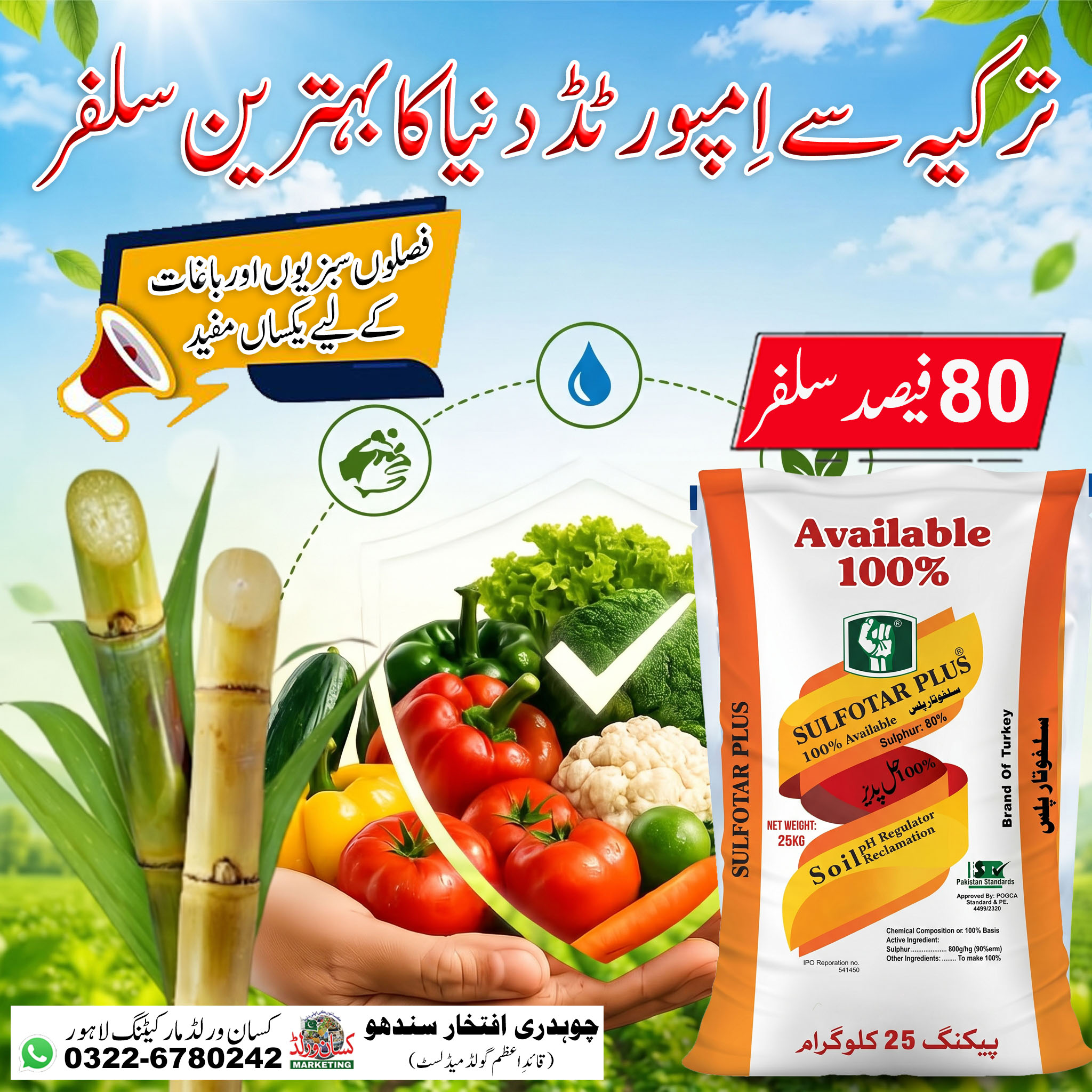 Sulfotar Plus 25kg bag label – POGCA and Pakistan Standards approved sulphur fertilizer for soil reclamation